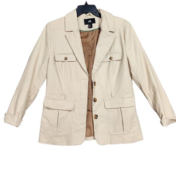 H&M Blazer Jacket Size 12 Beige Button Closure Tan Twill Heavyweight No Belt - Picture 2 of 9